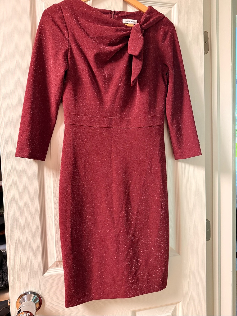 Calvin Klein Sparkle Burgundy Long-Sleeve Sheath Dress with Neck Bow